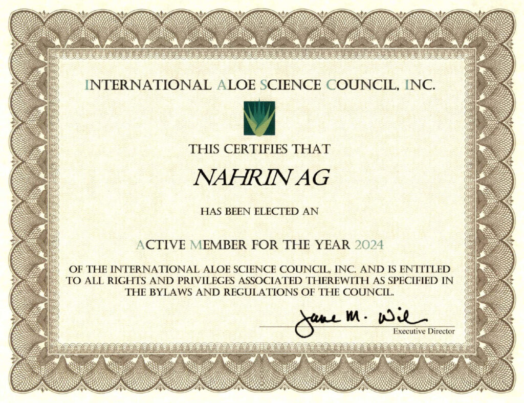 Nahrin IASC certificate aloe vera 2024
